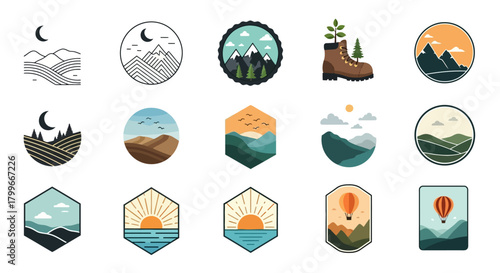 Collection of 15 diverse stylized nature and outdoor landscape illustrations