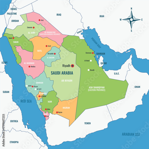 Detailed vector map of Saudi Arabia with regions and major cities colorful design for infographic and educational materials isolated on white background