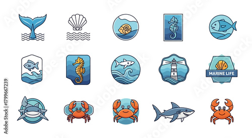 A collection of stylized sea creatures and aquatic symbols in a clean, illustrative style