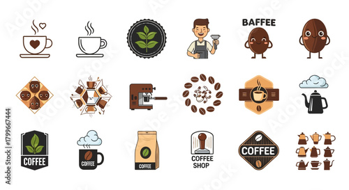 A diverse collection of flat design coffee icons cups, beans, pots, machines, and emblems