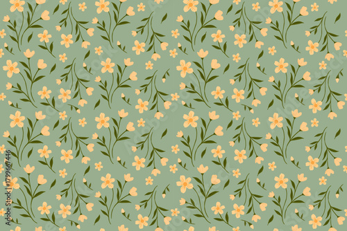 Delicate yellow floral pattern on a soft green background, featuring graceful stems and tiny blossoms, perfect for spring designs, fabrics, wallpapers, and stationery.
