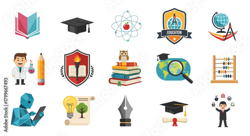 A collection of educational icons and illustrations including an open book, graduation cap, and more
