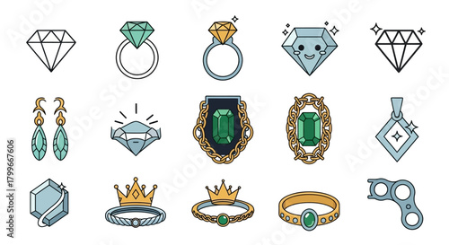 A grid of colorful flat-style jewelry icons, including diamonds, rings, and pendants