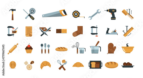A grid of colorful flat design icons depicting woodworking tools and bakery goods