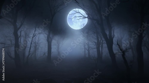 Eerie full moon illuminates a spooky forest