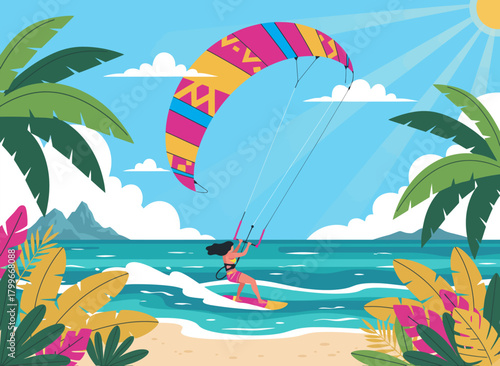 Kitesurfing Beach Background – Surfer Riding Waves with Colorful Kite Vector