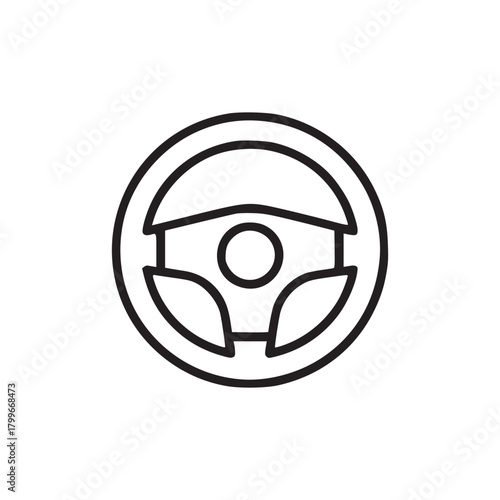 A simple line drawing of a steering wheel with a circular center on a plain white background image view