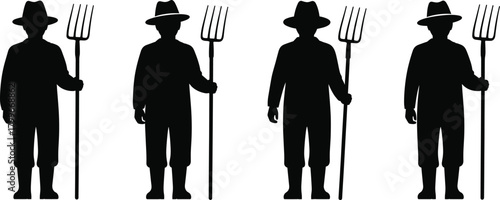 Silhouette illustration of farmers holding pitchforks, standing in row, agricultural worker vector design for farm labor, rural lifestyle, and agriculture concept art