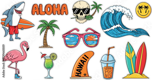 Collection of fun and colorful tropical and surf themed stickers for summer vacation and beach party designs