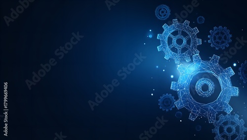 Abstract blue background featuring interconnected gears representing technology engineering and industrial concepts with a modern design
