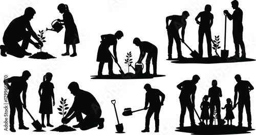 Silhouette illustration of people and children planting trees together, eco concept of teamwork, environment protection, nature conservation, green lifestyle, sustainability, and gardening care