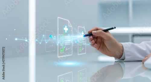 Healthcare professional interacts with digital medical records, showcasing modern approach to patient data management. scene emphasizes technology healthcare, highlighting efficiency and accuracy