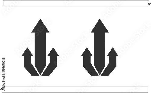Two sets of dark gray arrows pointing upwards and splitting into multiple directions on a white background with horizontal lines above and below