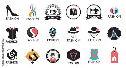 A grid of diverse fashion-themed icons, depicting clothing, accessories, and abstract designs