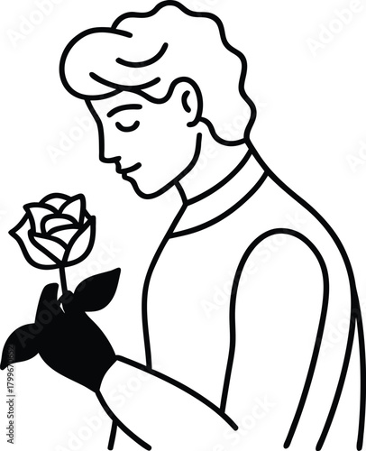 Minimalist line art illustration of a man smelling a fresh rose flower, showing appreciation and romance concept.