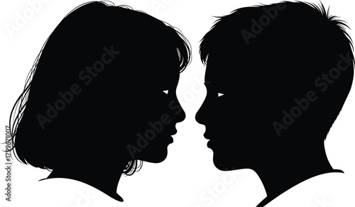 Silhouette of boy and girl facing each other, side profile vector illustration, love, friendship, relationship, communication, connection concept design