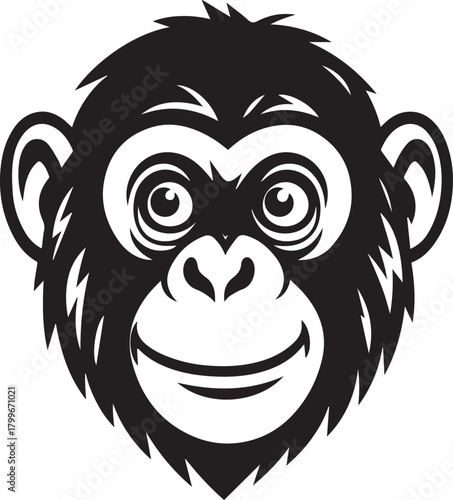 Chimpanzee Portrait: The expressive face of a chimpanzee is illustrated, with a captivating gaze and a gentle smile, it is a monochromatic art with a clean and striking aesthetic. 