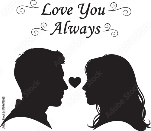 Romantic silhouette couple facing each other, symbolizing eternal love with a heart and script text.