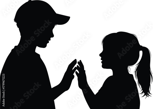 Silhouette of boy and girl playing together, friendship and childhood connection concept, happy kids touching hands, vector illustration of family love moment