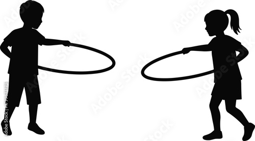 Silhouette of boy and girl playing with hula hoops, active children enjoying outdoor fun activity, healthy exercise and childhood happiness vector illustration.