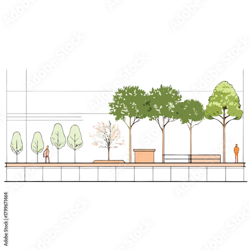 Minimal modern house elevation with flat roof, pastel pink walls, large glass doors, rooftop terrace, surrounding trees, human figures, and clean architectural line drawing style