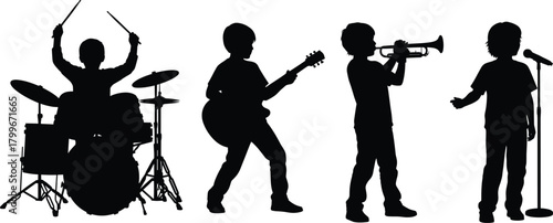 Silhouette of children performing in music band, kids playing drums guitar trumpet and singing, vector illustration of musical creativity and teamwork concept