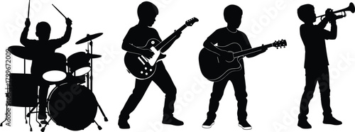 Silhouette of children playing music instruments, kids rock band performance with drums guitar and trumpet, vector illustration of musical teamwork and creativity