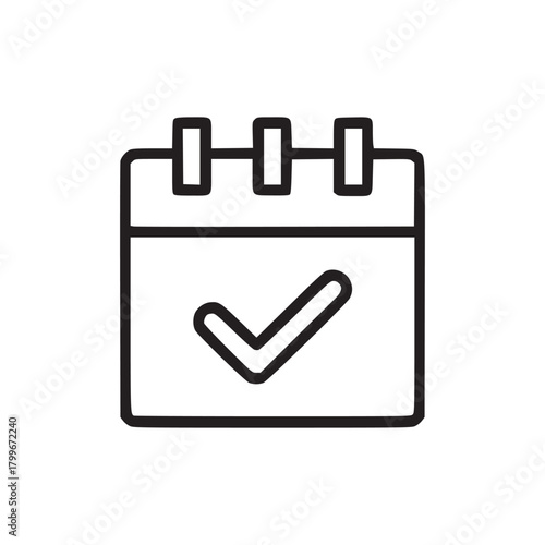 A simple black and white line drawing of a calendar icon with a checkmark inside the calendar square