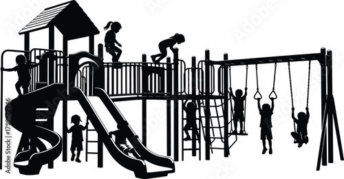 Silhouette of children playing on playground slide, swing, and climbing structures, joyful kids outdoor activity, fun park vector illustration design