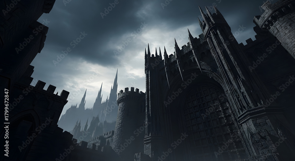 Obraz premium Dramatic low angle view of a dark gothic castle against a stormy sky background