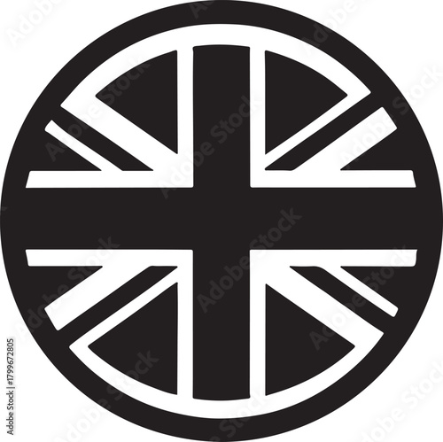 Circular stylized monochrome union jack flag graphic design element representing british patriotism, heritage, culture, and national identity isolated on white background, Vector, illustration