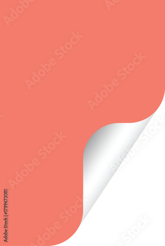 Blank coral colored paper with a curled corner and white underside on a white background