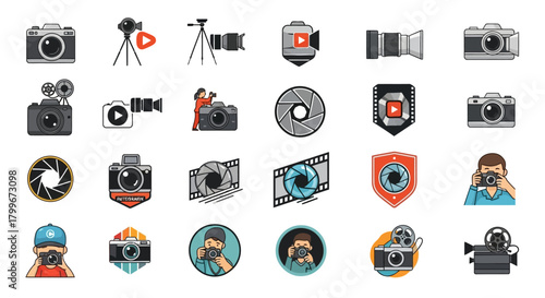 A collection of diverse camera and video icons, including photographers and equipment