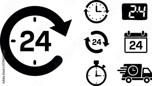 24 hour service clock icons set with delivery and calendar symbols for continuous business and time management vector illustration