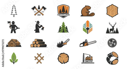 Collection of vector illustrations, symbols, and logos related to the forest, lumber industry, and wood