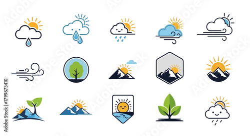 A grid of vector icons showing various weather and nature elements on white background