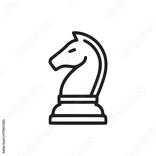 Isolated chess knight piece in black outline on a white background in a minimalist style design
