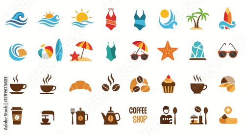 A collection of simple illustrations featuring beach elements, coffee icons, and cafe signs
