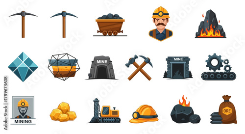 Flat design illustrations depict mining tools, people, equipment, and resources
