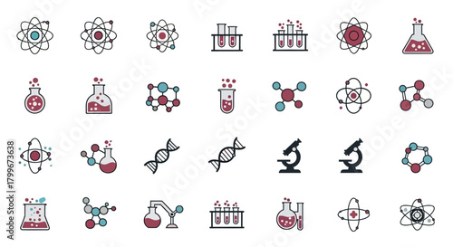 A grid of colorful science and chemistry icons atoms, beakers, DNA, molecules, microscopes