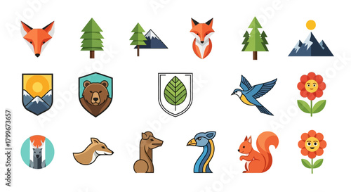 A collection of colorful flat design icons featuring animals, plants, and natural scenes