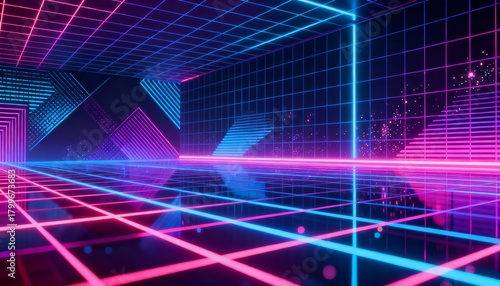 Neon Cyber Grid with Glowing Lines and Futuristic Digital Pattern on Dark Background, High-Tech Abstract Design Perfect for AI, Innovation, Cybersecurity and Modern Tech Visual Content