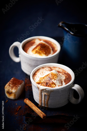 Hot Chocolate with Toasted Marshmallows in Ceramic Mugs