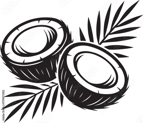 Coconut halves with tropical palm leaves in a bold black and white vector illustration, ideal for summer designs, food concepts and logos. isolated on white background, Vector, illustration