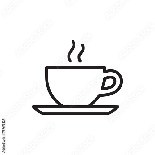 Simple line drawing of a cup of coffee with steam on a saucer against a white background space