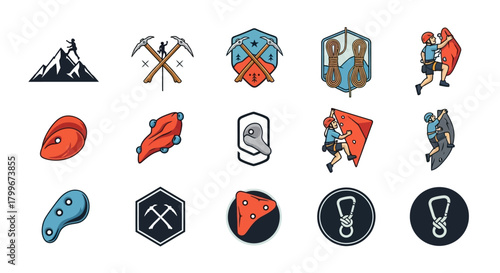 Collection of 15 flat-design icons related to climbing, mountaineering, and rock climbing