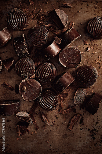 Assorted Dark Chocolate Truffles and Broken Pieces on Rustic Surface