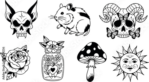 Skull with bat ears animal rat ram horn skull with butterflies rose flower jar with heart mushroom sun face vector illustration