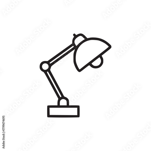 A simple black outline drawing of a desk lamp with an adjustable arm and a rectangular base design style