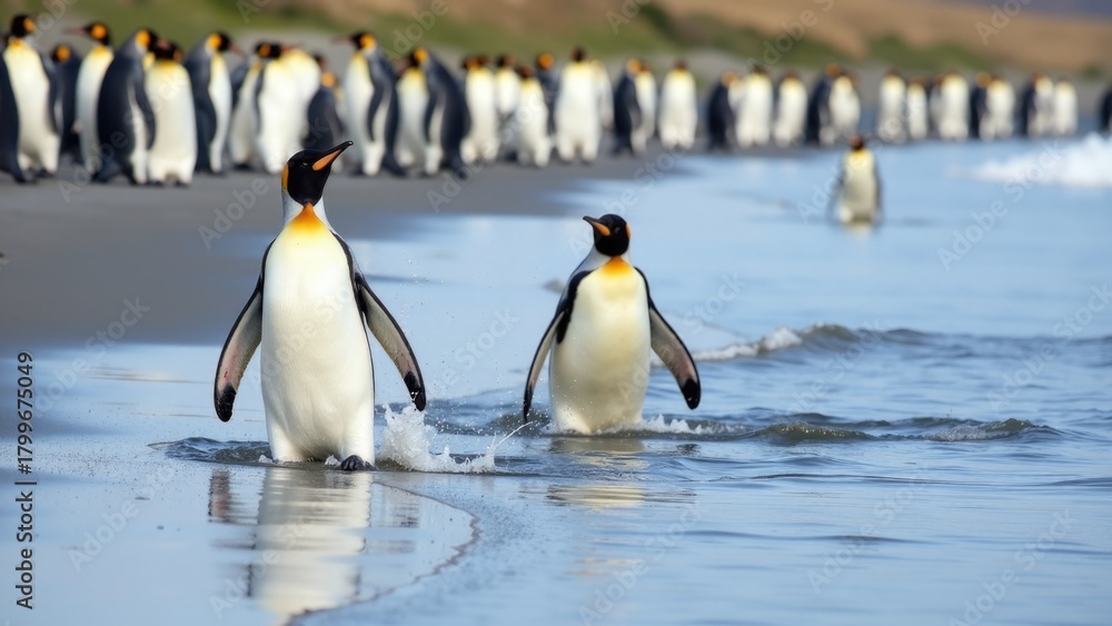 Obraz premium A group of penguins walking along the beach, with the sun shining and the waves crashing